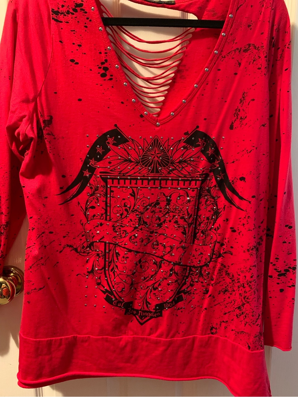 Luxe Red Long Sleeve Tee with Black Graphic and Laddered V-Neck